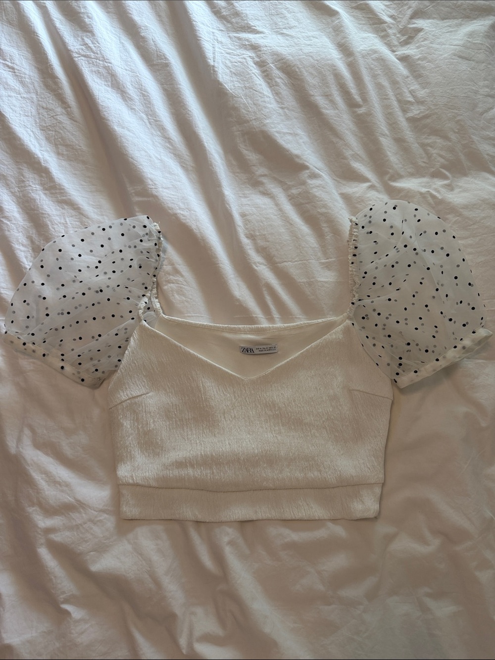 ZARA White Crop Top with Sheer Polka-Dot Puff Sleeves